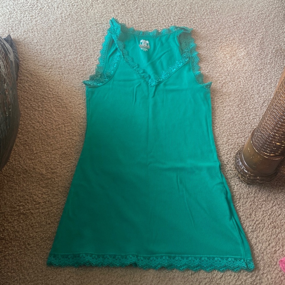 Green tank top with lace trim